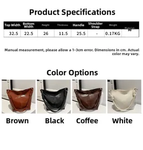 Size chart showing dimensions for the large capacity PU leather tote bag in four colors