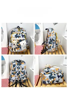 Detailed views of camouflage student backpack with plush bear charm and multiple pockets