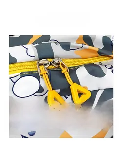 Macro shot of double zippers with bright yellow pullers on camo pattern school backpack
