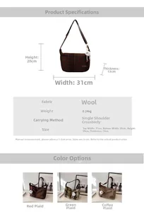 Detailed size specifications and three-color plaid patterned crossbody bag variations