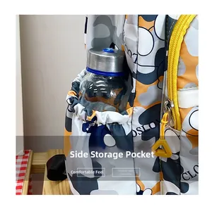 Close-up of the side elastic storage pocket on this camo backpack with a water bottle