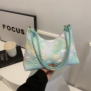 Quilted pastel gradient baguette bag with butterfly rainbow print for women