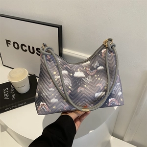 Quilted gray underarm bag with cute cartoon rainbow prints and round rope strap