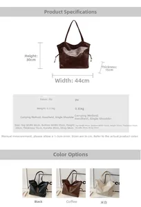 Detail specifications of PU leather bucket tote bag showing colors and 30x44x15cm size