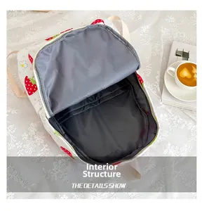 Interior structure of strawberry print backpack showing main compartment and inner pocket