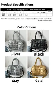 Size chart and color display for quilted tote bag set in metallic silver black grey gold