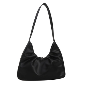 Minimalist black faux leather hobo shoulder bag with pleated detail for women