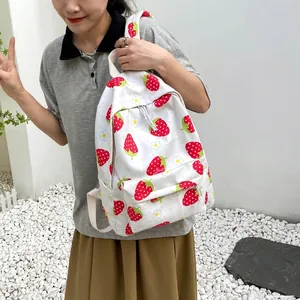 Fresh strawberry pattern white backpack for girls with large capacity and zip pockets