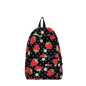 Sweet strawberry print black backpack with white polka dots and front zipper pocket