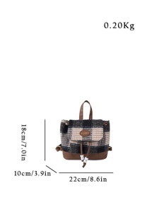 Detailed size chart showing dimensions of the plaid tweed backpack for women