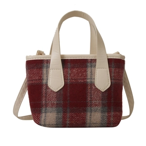 Classic red and beige plaid tote bag with cream leather handles and gold zipper