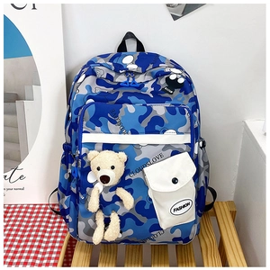 Blue camouflage backpack with bear keychain and white zipper on a wooden bench