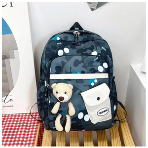Detail of blue camouflage school backpack with yellow teddy bear pendant and front pocket