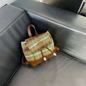 Vintage green plaid tweed backpack for women with brown leather details and bead drawstring