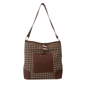 Classic houndstooth large shoulder bag with brown leather accents and a front pocket