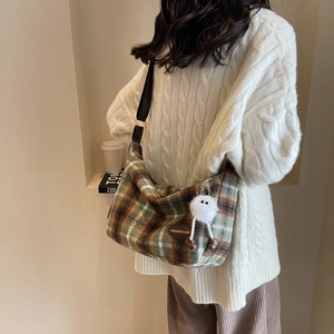 Plaid wool crossbody bag for women with fuzzy charm and warm autumn winter vibes