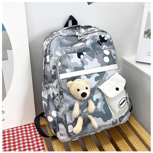 Detailed view of the camouflage backpack with a cute plush bear pendant and functional pockets