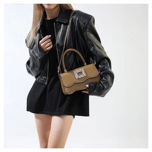 Sac à Main en Cuir PU à Bord Ondulé pour Femme Boucle Carrée en Strass Sac Bandoulière Élégant Petit Sac Cabas Carré
