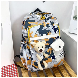 Detailed view of camo backpack featuring plush bear pendant and functional side pockets