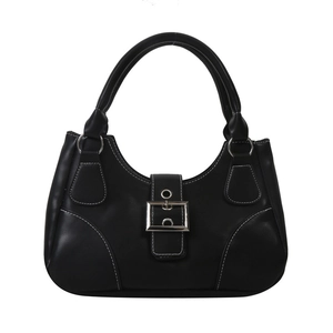 Vintage black leather handbag with white contrast stitching and silver buckle detail
