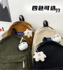 Corduroy backpack set in four colors with plush panda and star charms for students