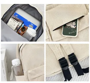 Detailed views of cream corduroy backpack featuring spacious compartments and side pockets