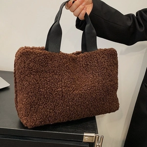 Brown teddy fleece tote bag with black strap handles for autumn winter fashion styles