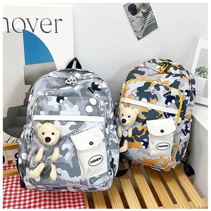 Detail of camouflage backpacks with white Fashion pockets and cute bear charms