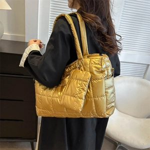 Metallic Quilted Puffer Tote Bag For Women Large Capacity Crossbody Bag With Small Hanging Purse Winter Fashion Handbag