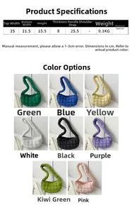 Detailed chart showing dimensions and 8 available colors for the quilted puffer bag