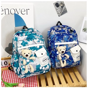 Detail of school backpack with camo pattern, stylish graffiti and cute plush bear charm