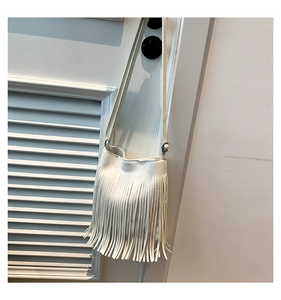Detail shot of white fringe bucket bag featuring metallic clasps and long tassels