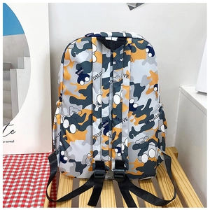 Detail of camouflaged backpack with widened black straps and plastic adjustable buckles