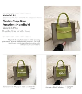 Detailed size chart of two-tone PU leather tote bag with iPad and A4 paper comparison