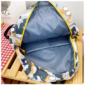 Macro view showing spacious inner compartment with durable lining of the camo backpack