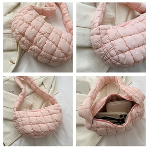 Pink quilted shoulder bag with cloud texture and spacious interior for daily essentials