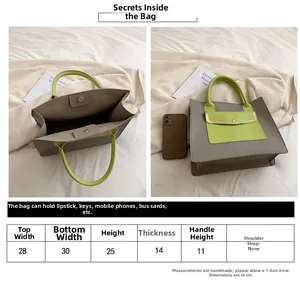 Detailed size chart for the color-block tote bag showing dimensions and handle height
