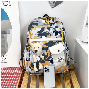 Detail view of camouflage nylon backpack with bear pendant and white pocket on wooden desk