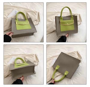 Detail showing the front and back views of this contrast color faux leather tote bag
