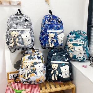 Kids Camouflage Nylon Backpack Large Capacity Urban Students Casual School Bag Lightweight Printed Travel Knapsack With Bear Pendant