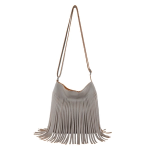 Minimalist grey faux leather crossbody phone bag with bohemian tassel design and long strap