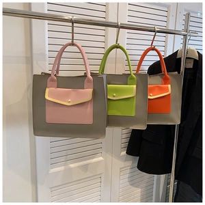 Women Contrast Color PU Leather Tote Bag Large Capacity Commuter Shoulder Bag With Front Pocket British Handbag