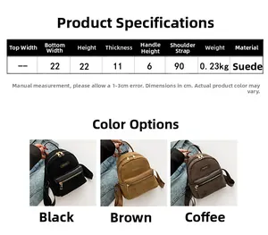 Tableau de dimensions et options de couleurs pour le petit sac à dos en daim pour femme