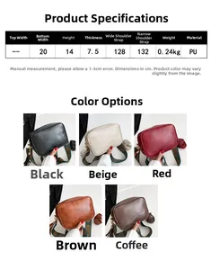 Size chart for vintage PU crossbody bag featuring dimensions and five available colors