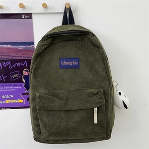 Olive green corduroy backpack with panda keychain and vintage casual large capacity