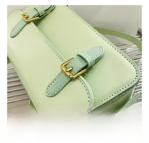 Close-up of light green leather crossbody bag with dual straps and brass buckles