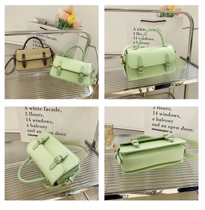 Detail shots of minimalist vintage crossbody bag showing dual buckle decor and textures