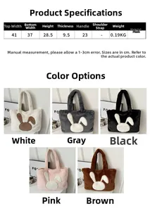 Guide des tailles du sac cabas en peluche avec dimensions et 5 options de couleurs