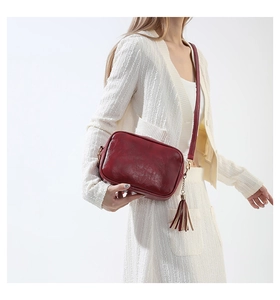 Detail shot of vintage burgundy crossbody bag with tassel and gold hardware