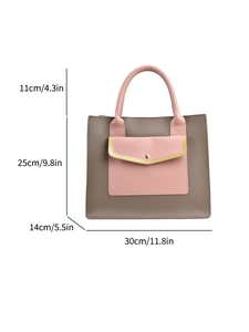 Detailed size chart showing dimensions 30x25x14cm for the brown and pink tote bag
